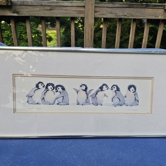 Vintage watercolor painting of baby penguins‎ matted framed and signed